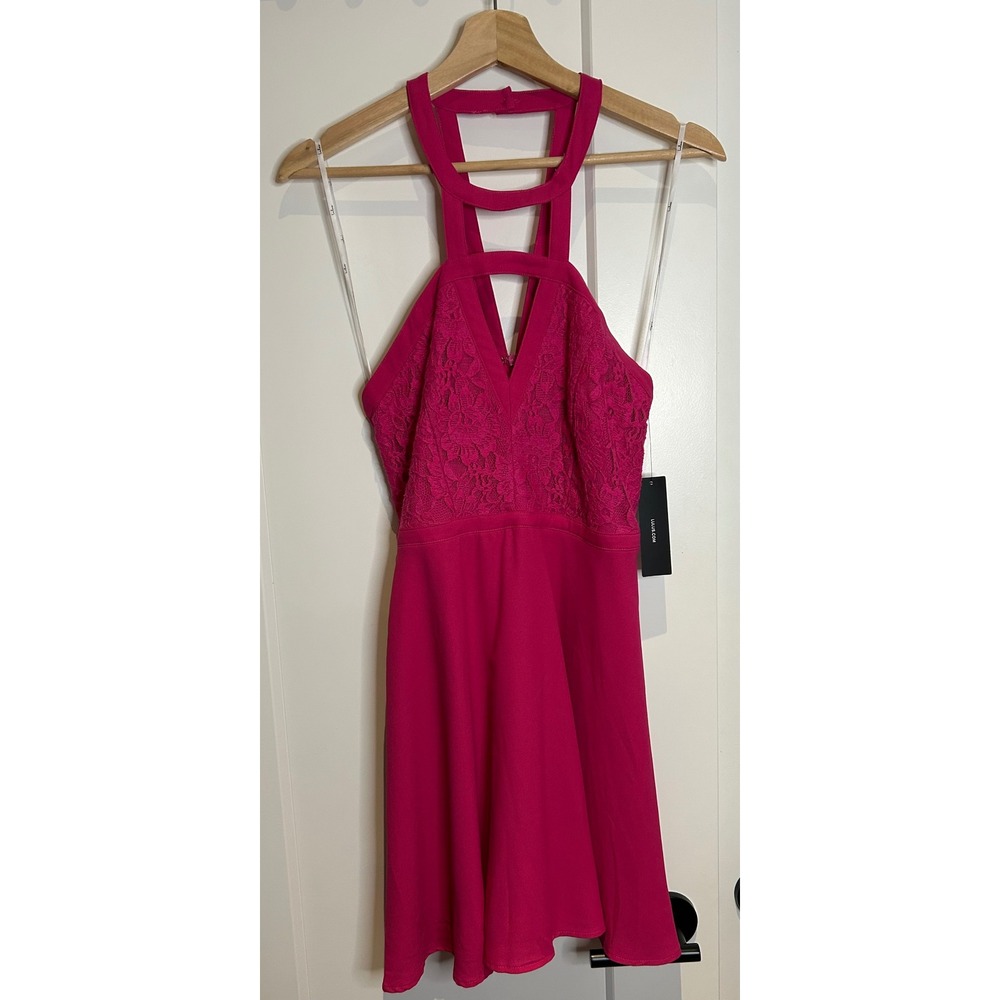 Lulus Hot Pink Lace Halter Cage Neckline Fit and Flare Mini Dress Size Medium